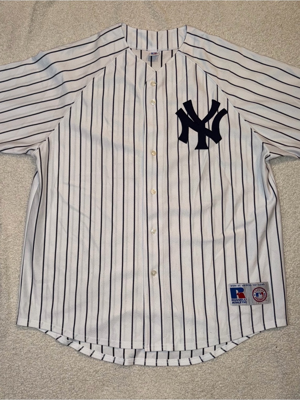 Vintage Russell Athletic NY Yankees Men's White/Navy Pinstripe Baseball Jersey